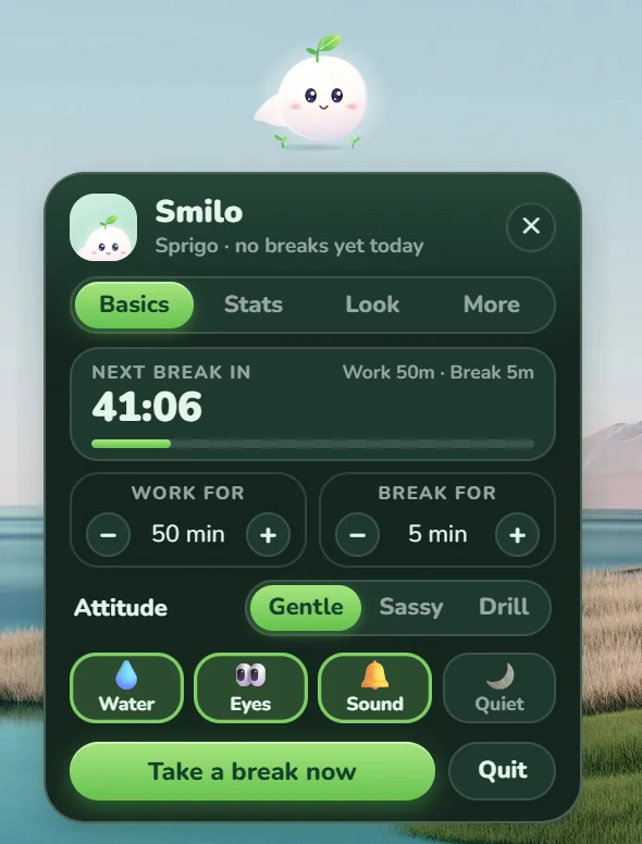 Smilo's Basics tab with Sprigo: next-break countdown, work and break length, attitude, and Water, Eyes, Sound and Quiet toggles