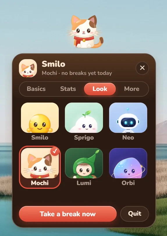 Smilo's Look tab with Mochi, a calico cat companion, selected in a warm red theme