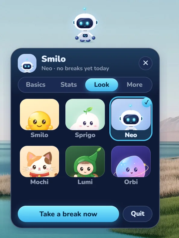 Smilo's Look tab showing six companions to choose from: Smilo, Sprigo, Neo, Mochi, Lumi and Orbi, with Neo selected in a blue theme