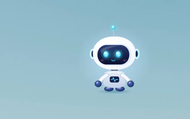 Neo, a friendly white robot companion with glowing blue eyes