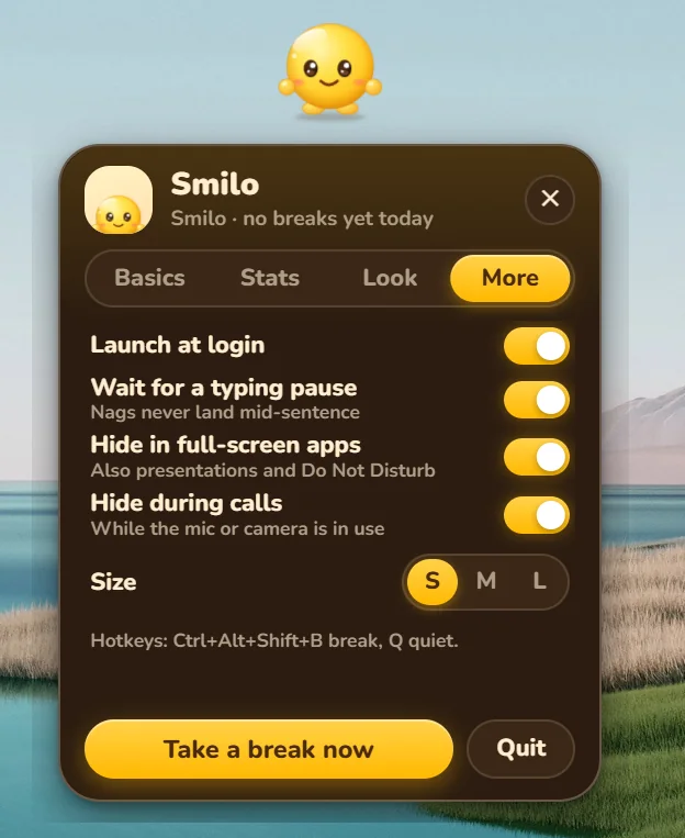 Smilo's More tab with toggles for launch at login, waiting for a typing pause, hiding in full-screen apps and during calls, size and hotkeys